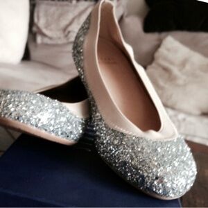 Stuart Weitzman Lastikon Glittery Silver Nude Ballet Flats 6.5
